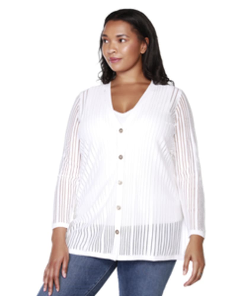 Front of a model wearing a size 1X Sloane Striped Button-Front Cardigan in White/Gold by Belldini Black Label. | dia_product_style_image_id:245883